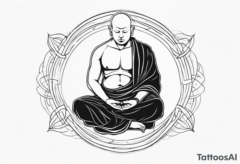 Monk head facing down seriously meditating while doing namaste hand full body tattoo idea