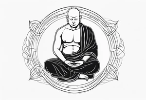 Monk head facing down seriously meditating while doing namaste hand full body tattoo idea