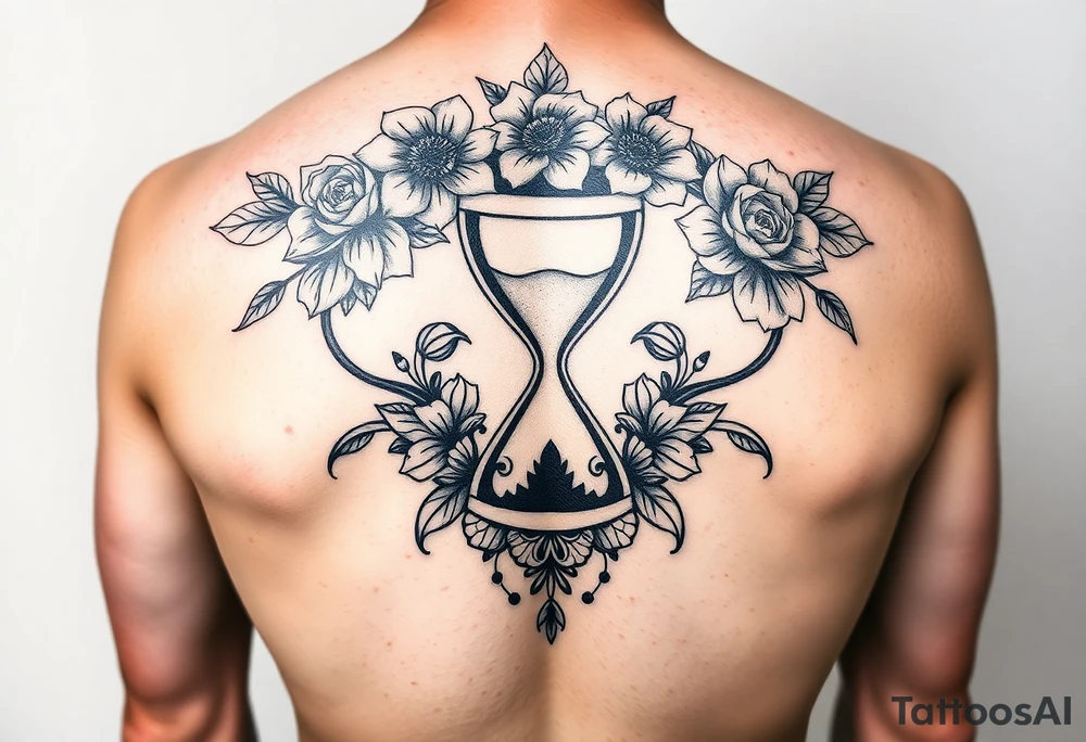 A full back tattoo with soft florals at the top. In the middle, there’s an hourglass. And below it is soft, florals, connecting to the flowers at the top. 
Include sexy mandala pattern lines that curve with the back tattoo idea
