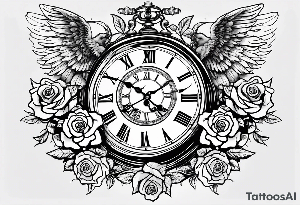 A clock with angels Greek gods a rose tattoo idea