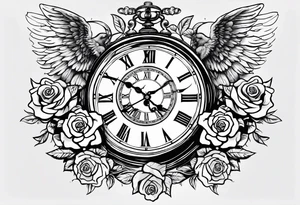 A clock with angels Greek gods a rose tattoo idea