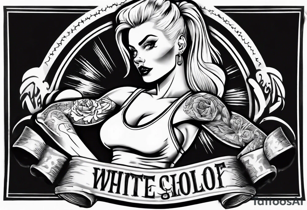 Blonde tattooed woman flexing one bicep with a banner tattoo idea