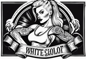 Blonde tattooed woman flexing one bicep with a banner tattoo idea