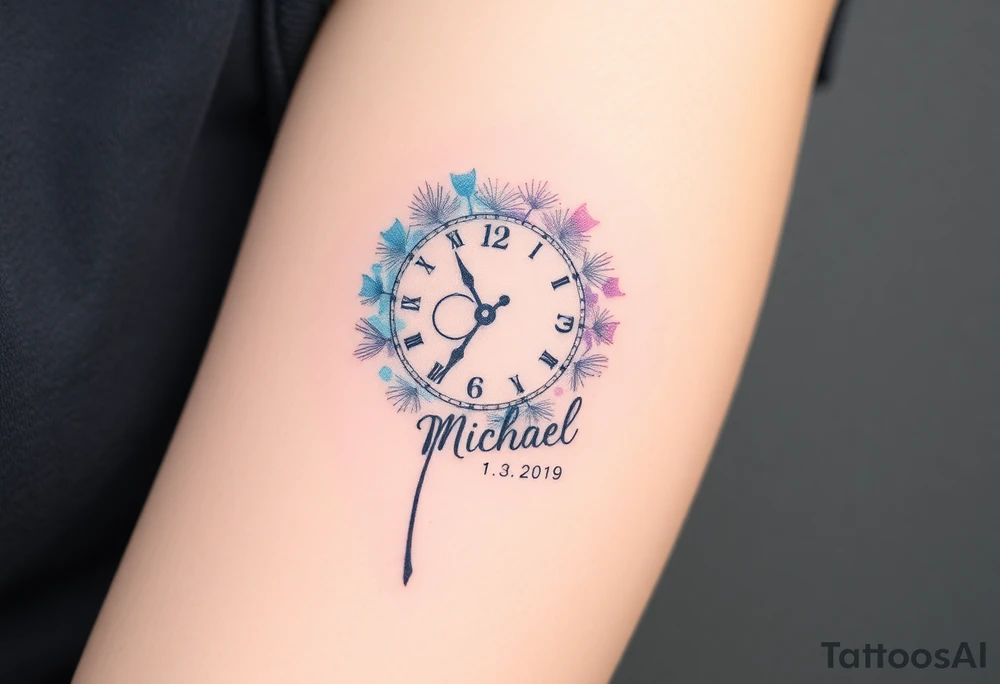 A watercolor-styled dandelion styled as a clock with date 13. 07. 2019 and name "Michael", representing fleeting time and new beginnings, in pastel blues and purples tattoo idea