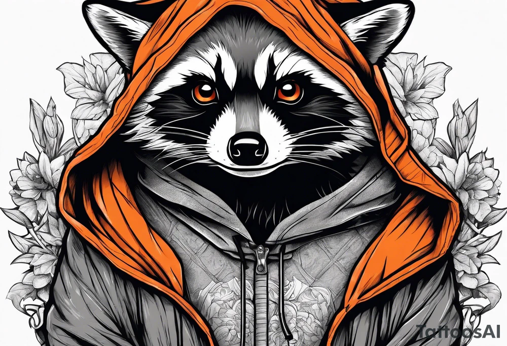 Raccoon wearing an orange Superman hoodie tattoo idea