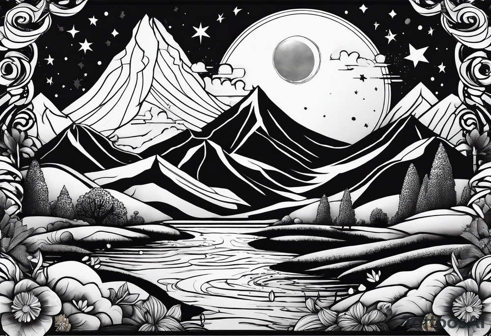 nature with mountains, waterfall, water, and a family of three in the background and and moon/sun in the sky with stars tattoo idea