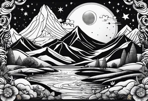 nature with mountains, waterfall, water, and a family of three in the background and and moon/sun in the sky with stars tattoo idea