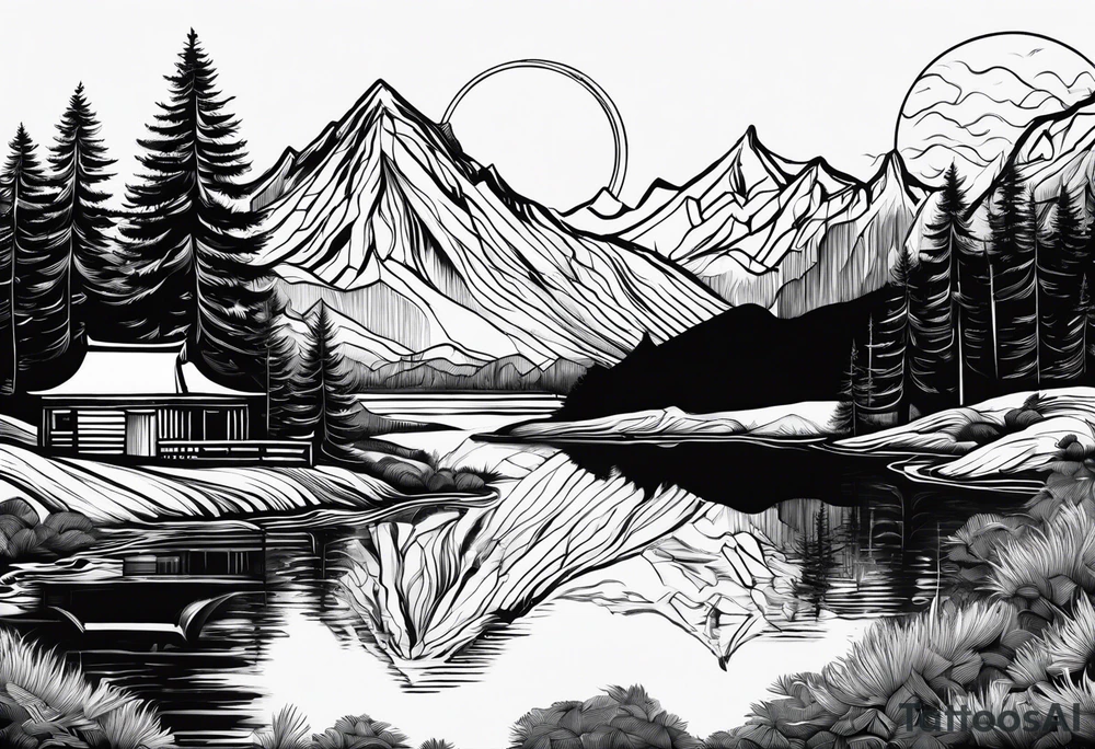 mountains, road, lake, yurt, sun tattoo idea