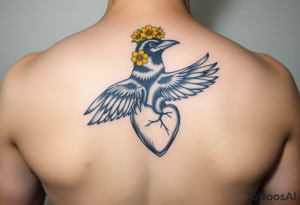 Crow with yellow flower crown holding wand and anatomical heart tattoo idea