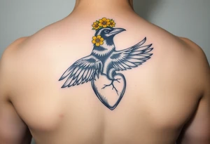 Crow with yellow flower crown holding wand and anatomical heart tattoo idea