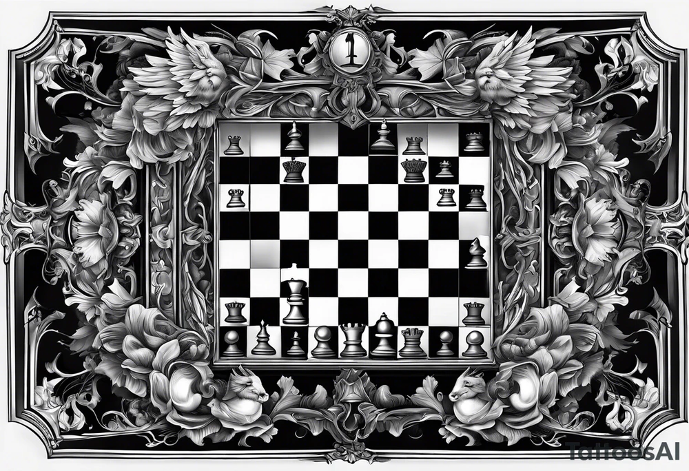 a chessboard with angelic and demonic chess pieces engaged in a strategic game, symbolizing the eternal battle between opposing forces. tattoo idea
