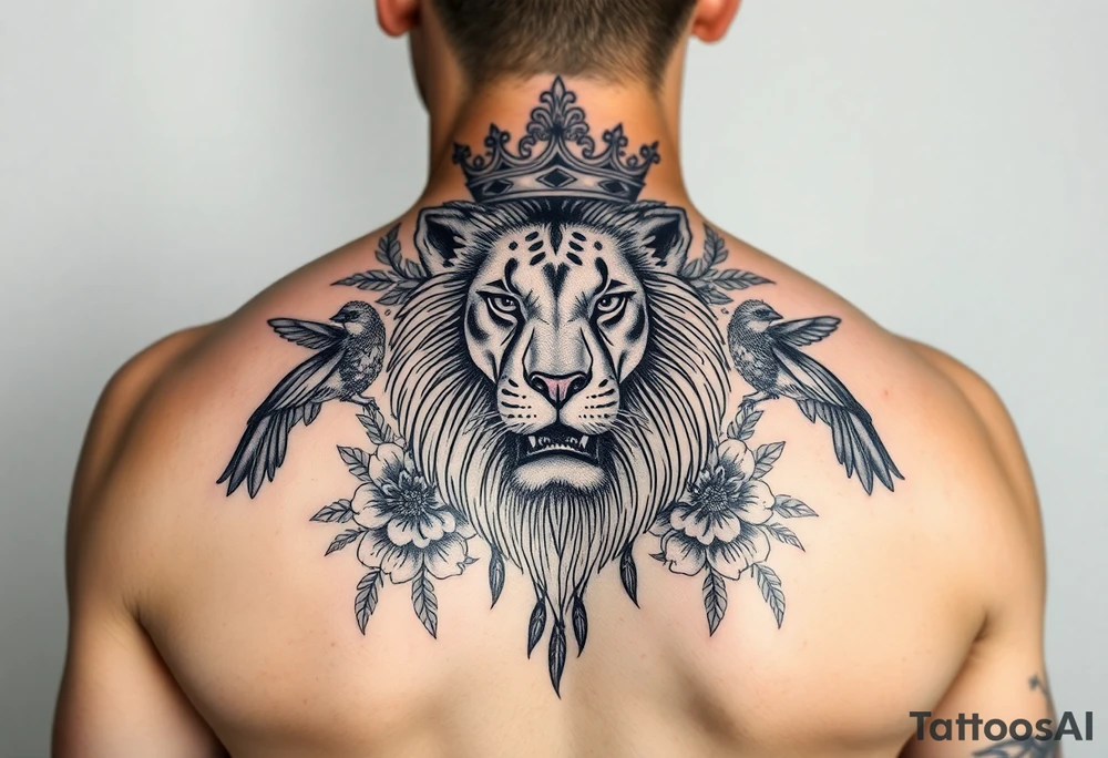 powerful majestic lion with a crown, surrounded by floral ornaments and birds tattoo idea