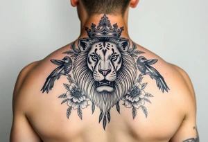 powerful majestic lion with a crown, surrounded by floral ornaments and birds tattoo idea