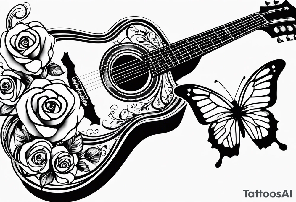 Acoustic guitar treble clef, roses, butterflies on the side tattoo idea