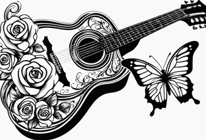 Acoustic guitar treble clef, roses, butterflies on the side tattoo idea
