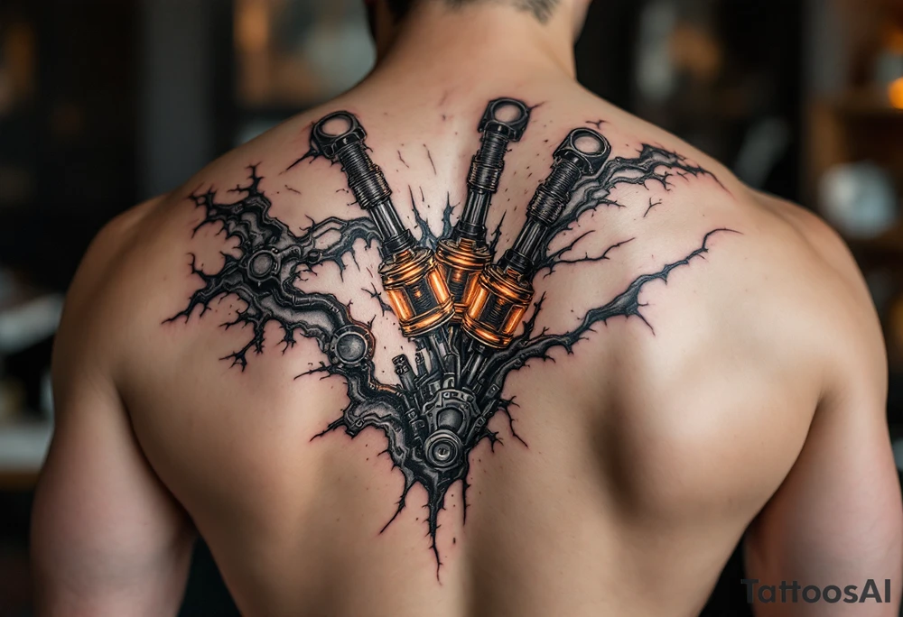 A ripped-skin illusion showing carbon fiber muscles and glowing orange pistons in motion. tattoo idea