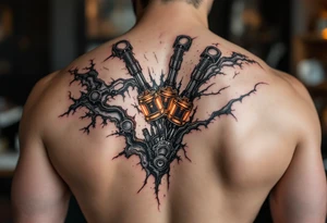 A ripped-skin illusion showing carbon fiber muscles and glowing orange pistons in motion. tattoo idea