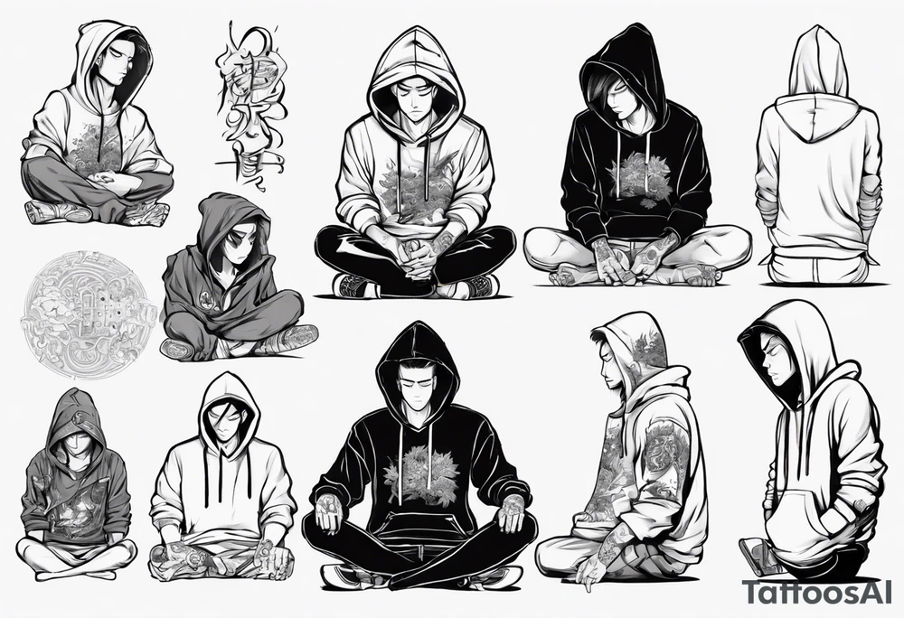 Guy wearing a hoodie sitting. tattoo idea