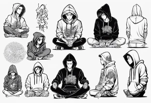 Guy wearing a hoodie sitting. tattoo idea