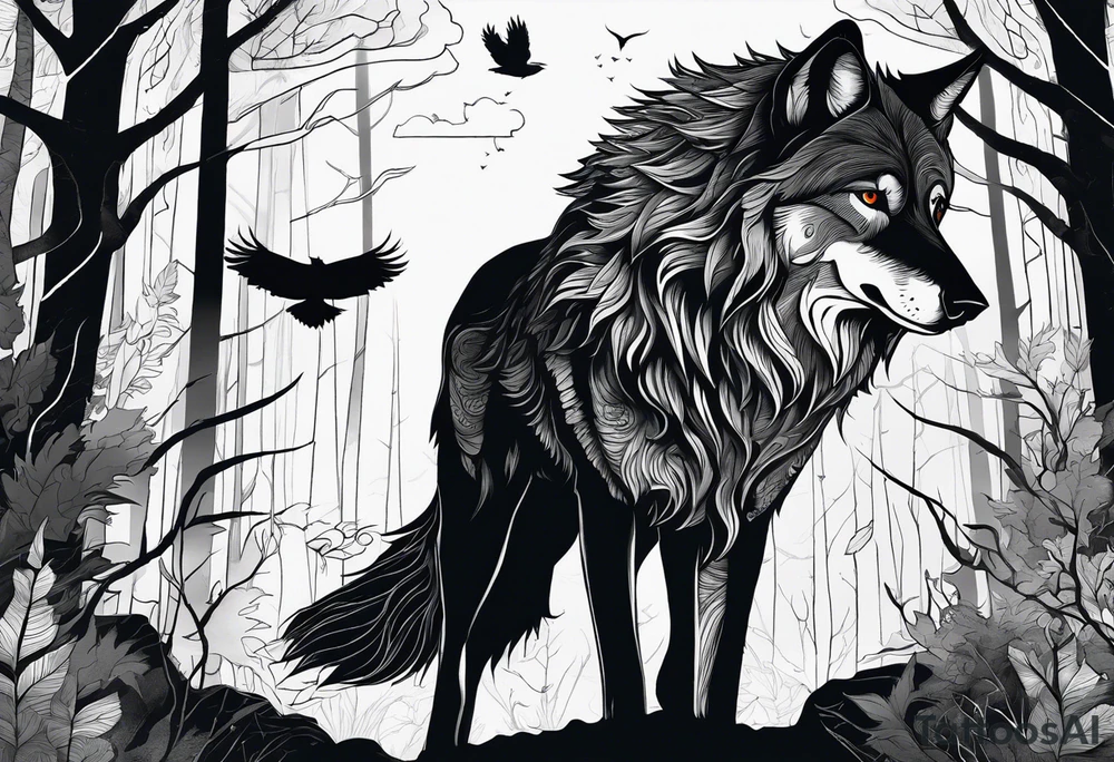 main character is an impressive wolf, a crow talks to the wolf, background a gloomy mysterious forest tattoo idea