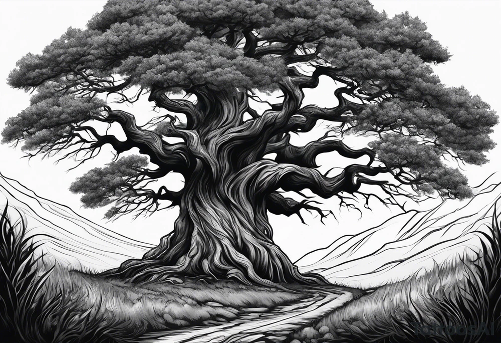 enormous old tree standing in the middle of a field engulfed in flames tattoo idea