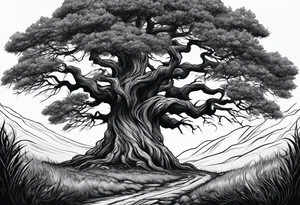 enormous old tree standing in the middle of a field engulfed in flames tattoo idea