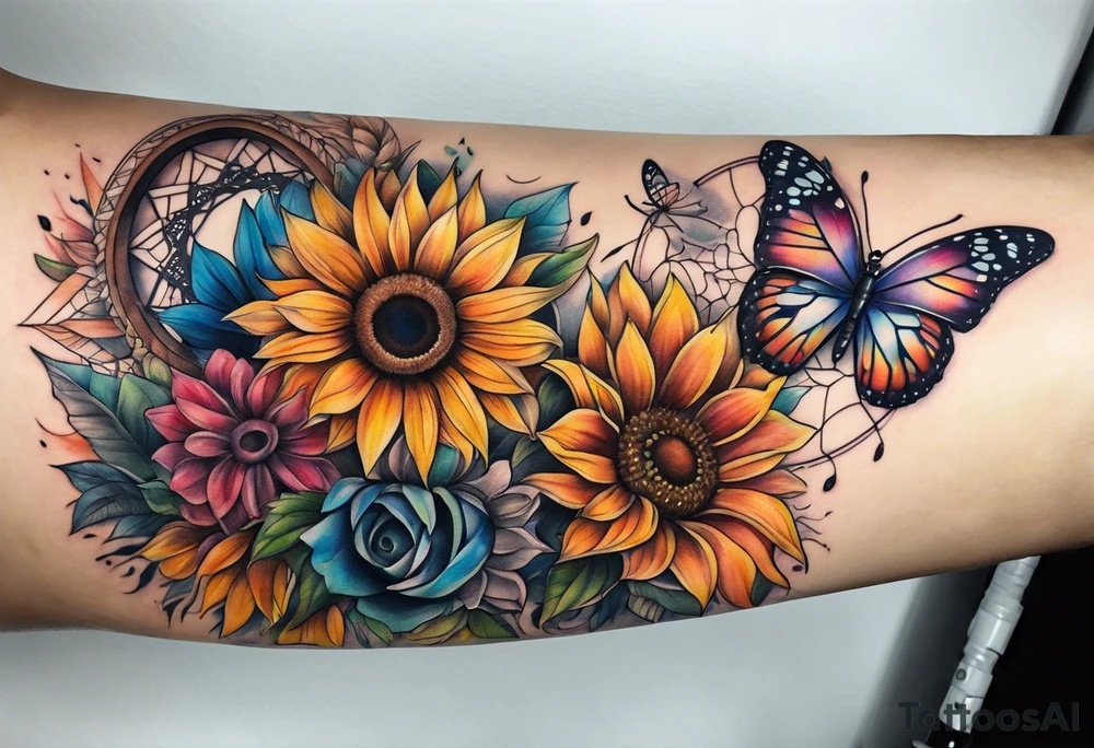 Quarter Leg sleeve with dreamcatcher, rainbow sunflowers and one butterfly tattoo idea