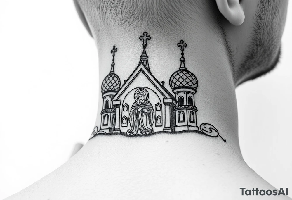 medium sized Russian orthodox church with bulb domes with a prominent russian orthodox coat of arms mosaic virgin mary tattoo idea