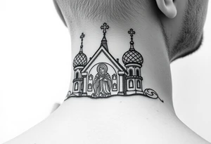 medium sized Russian orthodox church with bulb domes with a prominent russian orthodox coat of arms mosaic virgin mary tattoo idea