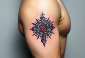 A Sun Dial in the Shape of a Cross with Egyptian Symbols (only red , blue and black are possible colors) tattoo idea