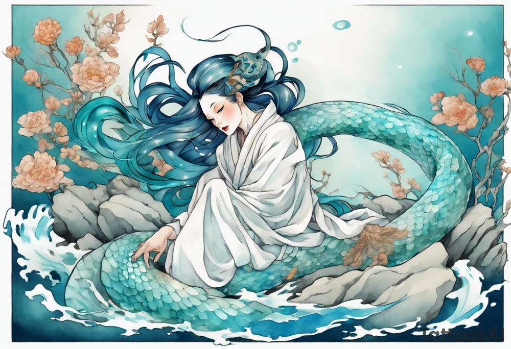 A beautiful undine with turquois scales wearing a white robe, laying on the shore tattoo idea