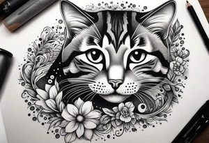 Illustrate a small tattoo of a tabby cat curled up, surrounded by gentle swirls or floral elements to enhance its cozy vibe tattoo idea