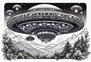 ufo abduction with mushrooms and vines tattoo idea