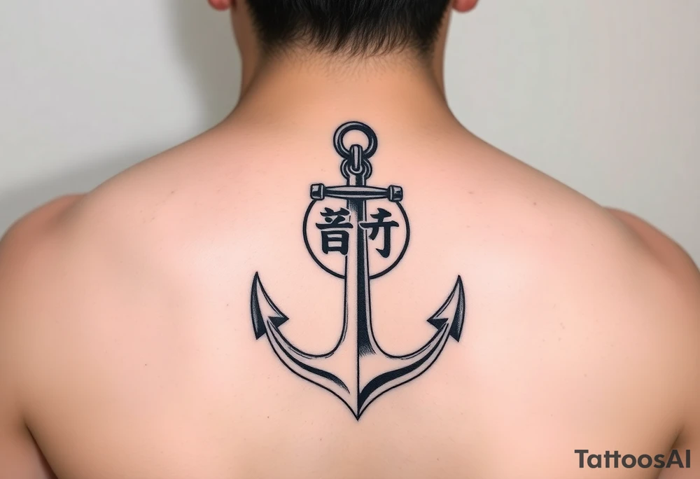 Anchor with the Korean word 정 connecting to the circle at the top of the anchor tattoo idea