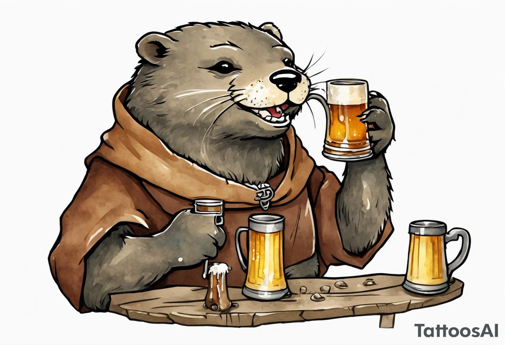 a medieval otter-bear hybrid wearing a tunic and drinking from a pewter mug of beer in a tavern, laughing tattoo idea