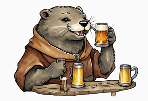 a medieval otter-bear hybrid wearing a tunic and drinking from a pewter mug of beer in a tavern, laughing tattoo idea