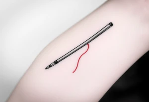 chinese chopsticks with a red thread by the end of it,
about 5cm long , 1 cm wide
it goes into the anterior part of the left wrist tattoo idea