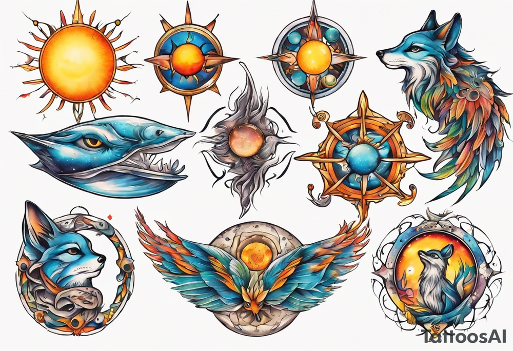fisch, fuchs und eule , symetrie  sonne, universum, bunt tattoo idea