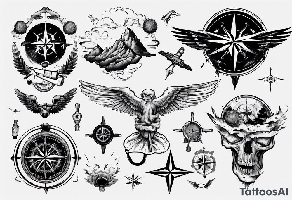 skydiving, shooting guns, compass, adventure tattoo idea