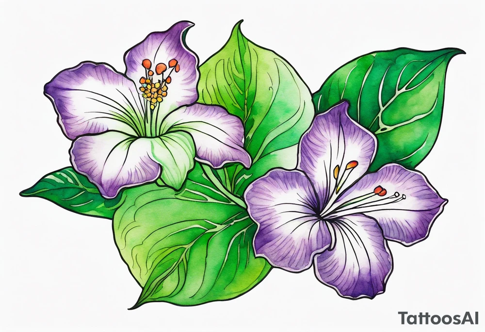 An outline of a green rio dipladenia flower and a green/purple watercolor in the background tattoo idea