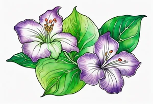 An outline of a green rio dipladenia flower and a green/purple watercolor in the background tattoo idea