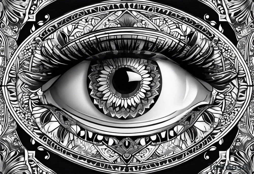 Mandala design with realistic woman’s eye in the center tattoo idea Mandala design with realistic woman’s eye in the center tattoo idea