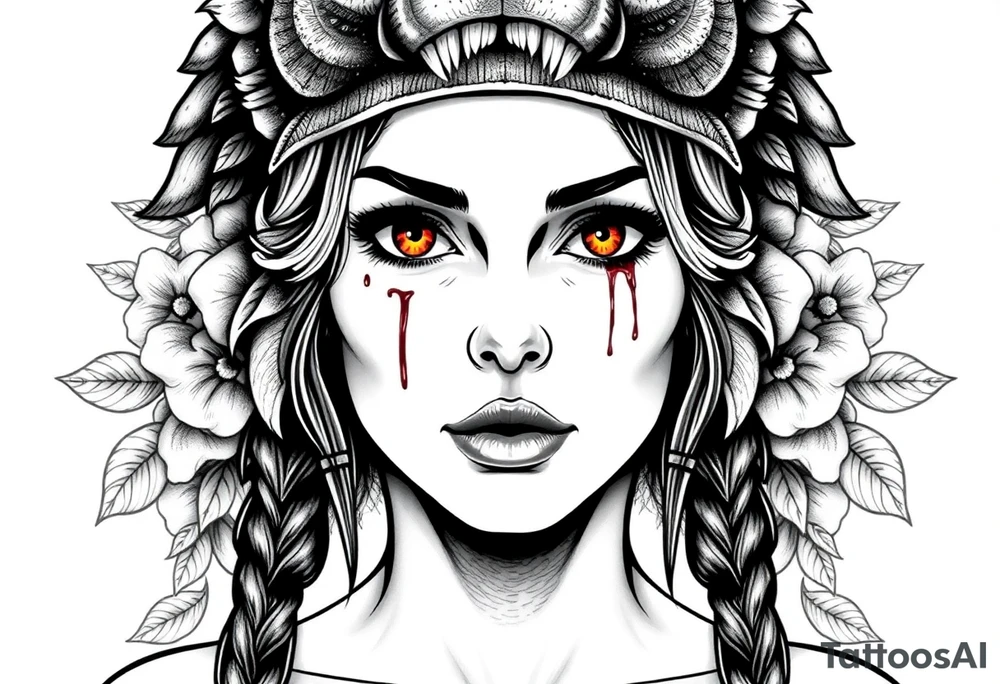 Symmetrical Beautiful Woman, looking forward, with colored eyes, shedding a tear, with battle scars and blood on face, with soft look, wearing a mean looking bear headdress on head, with flower background tattoo idea