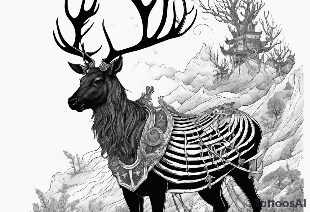 Hooded figure riding on a reindeer skeleton tattoo idea