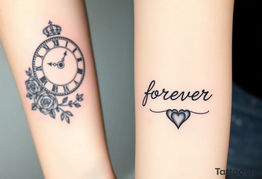 Roman clock with roses and a crown,  a quote that says nothings forever. and on the bottom a deck of cards tattoo idea
