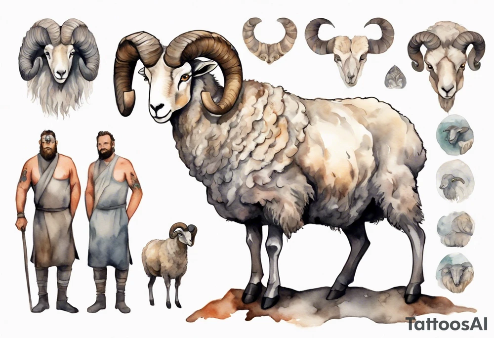 a solitary big-horned sheep with the arms and legs of a large man, wearing a grey tunic standing before a cave with cloven hooves for feet tattoo idea