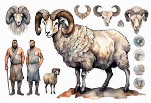 a solitary big-horned sheep with the arms and legs of a large man, wearing a grey tunic standing before a cave with cloven hooves for feet tattoo idea