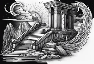 Valhalla stairs 
Valhalla stairs sword shield  axe 
Valknut  ruins lightnings tattoo idea