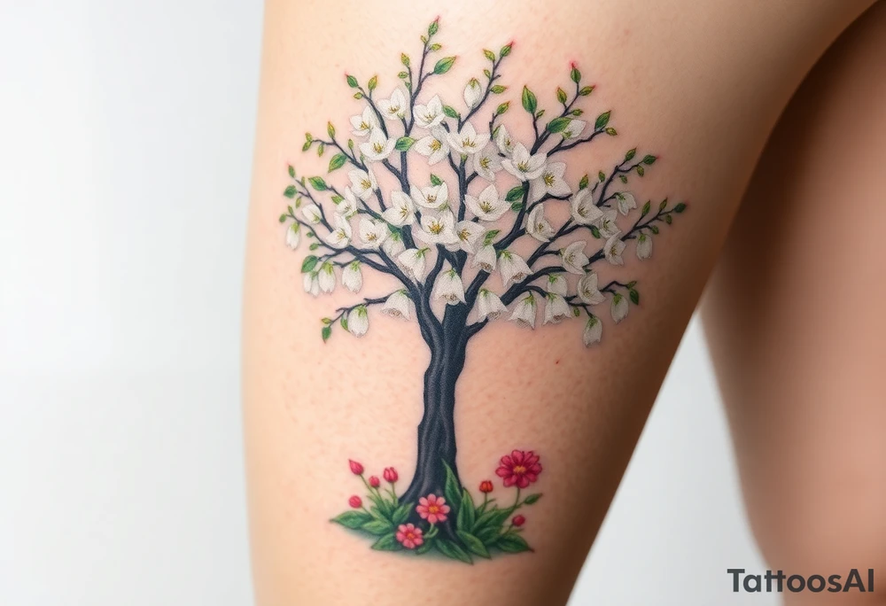 Flowering hawthorne tree with white lilly of the vally bell plants planted by  tree with other colorful  lilly plants on ground tattoo idea