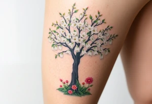Flowering hawthorne tree with white lilly of the vally bell plants planted by  tree with other colorful  lilly plants on ground tattoo idea